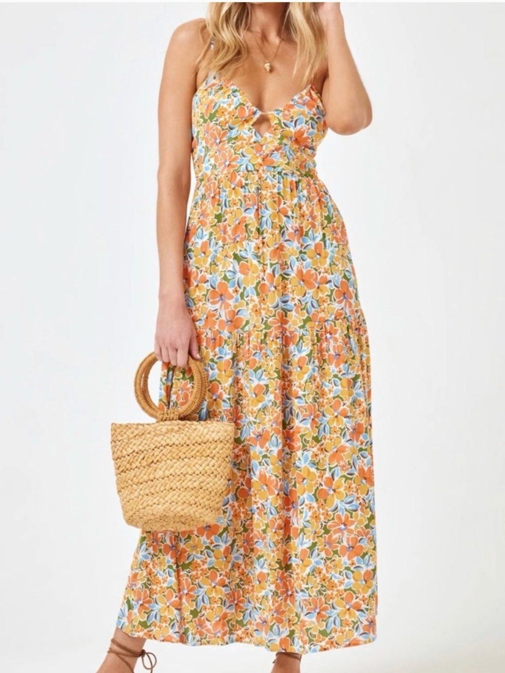 L*Space Gemma Floral Orange Blue Maxi Dress with Spaghetti Straps
